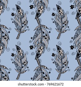 Zentangle Seamless Pattern. Hand Drawn Doodle Feathers Scanned and Traced to Vector. Rapport for Textile, Fabric, Wallpaper, Book Cover, Print, Linen.