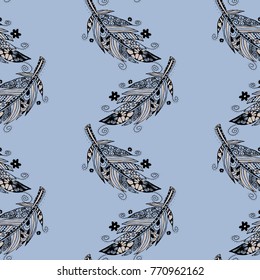 Zentangle Seamless Pattern. Hand Drawn Doodle Feathers Scanned and Traced to Vector. Rapport for Textile, Fabric, Wallpaper, Book Cover, Print, Linen.