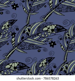 Zentangle Seamless Pattern. Hand Drawn Doodle Feathers Scanned and Traced to Vector. Rapport for Textile, Fabric, Wallpaper, Book Cover, Print, Linen.