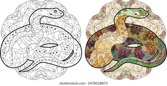 Zentangle snake for coloring on mandala . Hand drawn decorative vector illustration. Color and outline set