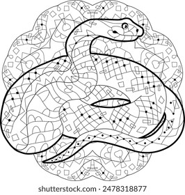 Zentangle snake for coloring on mandala . Hand drawn decorative vector illustration.