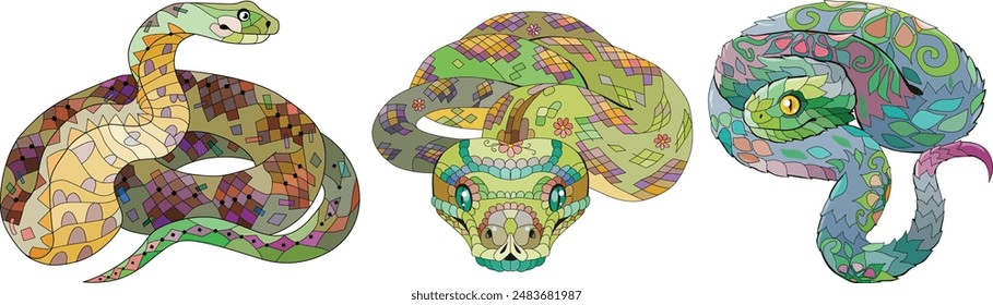 Zentangle snakes. Hand drawn decorative vector illustration.