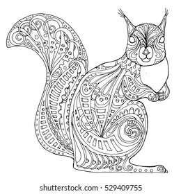 Zentangle squirrel, doodle vector design for adult coloring book 