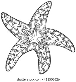 Zentangle starfish. Starfish vector sketch. Ocean abstract starfish. Summer zentangle illustration. Summer vacation and traveling concept. Zentangle vector illustration isolated on white.