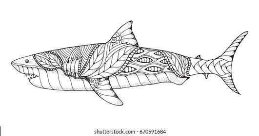 Zentangle and stippled stylized great white shark. Vector, illustration, pattern. Zen art. Black and white illustration on white background. Adult anti-stress coloring book.