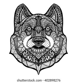 Zentangle style bear face illustration in doodle style. Vector monochrome sketch with high details isolated on white background