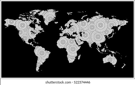  Zentangle style Black and white doodle graphic illustration of map of world.