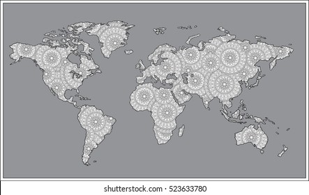  Zentangle style Black and white doodle graphic illustration of map of world.