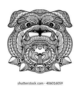 Zentangle style Bulldog face illustration in doodle style. Vector monochrome sketch with high details isolated on white background