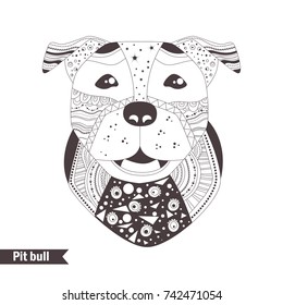 Zentangle style. Coloring book for adult, antistress coloring pages. Hand drawn vector isolated illustration on white background. Henna mehendi, tattoo sketch. Pit bull