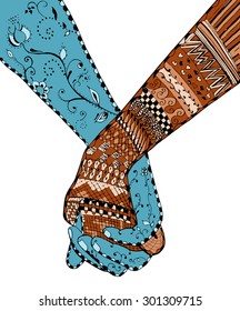 Zentangle style - couple holding hands, swirl, flower, vector, illustration, freehand pencil