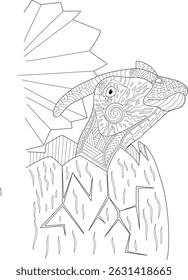Zentangle Style Dinosaur Hatching Coloring Page, A detailed black and white line art illustration of a baby dinosaur hatching from a cracked egg, rendered in an intricate Zentangle-inspired pattern