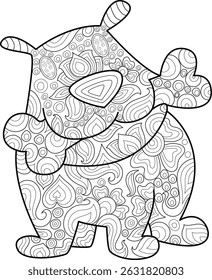 Zentangle Style Dog with Bone for Coloring Book, A charming black and white line art illustration of a cartoon-style dog holding a bone, filled with intricate zentangle-inspired patterns and