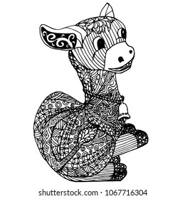 Zentangle style donkey monochrome sketch, coloring page antistress stock vector illustration for print, for coloring page