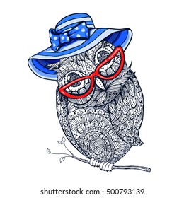Zentangle style fashion owl in red eyeglasses and blue vintage hat. Illustration with ornaments fill for adult coloring book page design, antistress ink drawing or tshirt print design, fabric textile