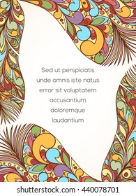 Zentangle style feather invitation card can be used for holiday cards, wedding invitation, postcard or website. Zentangle hand-drawn vector feather invitation banner. Ethnic boho design. Art concept.