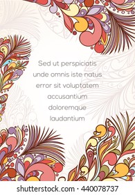 Zentangle style feather invitation card can be used for holiday cards, wedding invitation, postcard or website. Zentangle hand-drawn vector feather invitation banner. Ethnic boho design. Art concept.