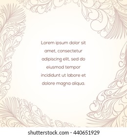 Zentangle style feather invitation card can be used for holiday cards, wedding invitation, postcard or website. Zentangle hand-drawn vector feather invitation banner. Ethnic boho design. Art concept.