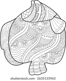 Zentangle Style Fish Illustration Line Art, Black and white line art illustration of a stylized fish filled with abstract patterns, perfect for coloring books, anti-stress activities, design