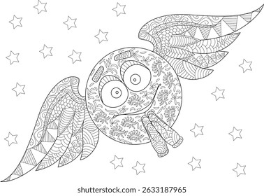 Zentangle Style Flying Emoji Coloring Page, Detailed line art illustration featuring a happy flying emoji character with decorative zentangle patterns on its body and wings, surrounded by stars.