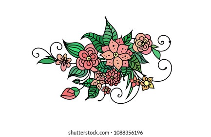 Zentangle style hand drawn flowers and leaves. Colorful garden vector illustration. Adult cloring book style floral art.