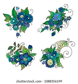 Zentangle style hand drawn flowers and leaves. Colorful garden vector illustration. Adult cloring book style floral art.