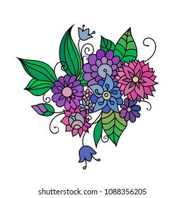 Zentangle style hand drawn flowers and leaves. Colorful garden vector illustration. Adult cloring book style floral art.