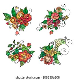 Zentangle style hand drawn flowers and leaves. Colorful garden vector illustration. Adult cloring book style floral art.