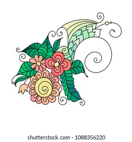 Zentangle style hand drawn flowers and leaves. Colorful garden vector illustration. Adult cloring book style floral art.