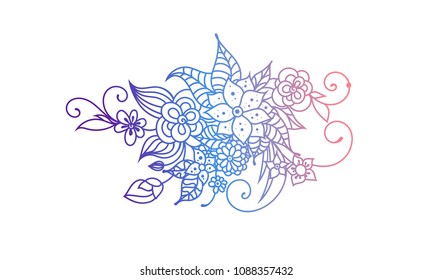 Zentangle style hand drawn flowers and leaves. Colorful garden vector illustration. Adult cloring book style floral art.