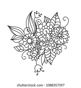 Zentangle style hand drawn flowers and leaves. Colorful garden vector illustration. Adult cloring book style floral art.