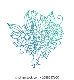 Zentangle style hand drawn flowers and leaves. Colorful garden vector illustration. Adult cloring book style floral art.