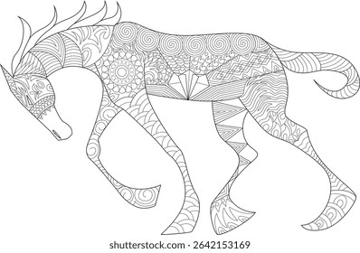 Zentangle Style Horse Line Art, Detailed line drawing of a horse filled with intricate, abstract zentangle-inspired patterns. Perfect for adult coloring books, creative projects, therapeutic art, or
