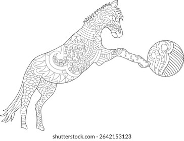 Zentangle Style Horse Playing with Ball Line Art, Intricate black and white line art illustration of a horse standing on its hind legs, interacting with a ball. Decorated with detailed zentangle