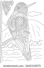 Zentangle Style Hummingbird Coloring Page, Black and white line art illustration of a hummingbird perched on a branch, featuring intricate zentangle patterns. Ideal as a coloring page for adults,