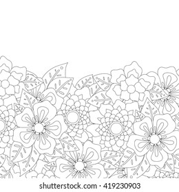  Zentangle style invitation card. Doodle flowers and leaves frame design for card. Vector decorative element border.