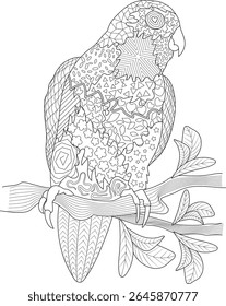 Zentangle Style Line Art Drawing of a Bird on a Branch with Intricate Patterns for Coloring or Decoration