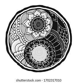 Zentangle style mandala with ying and yang symbol. Vector sign isolated on white background