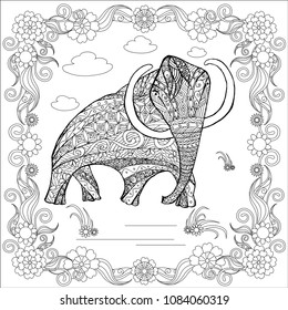 Zentangle style monochrome sketch mammoth in floral frame, coloring page antistress stock vector illustration for print, for coloring page