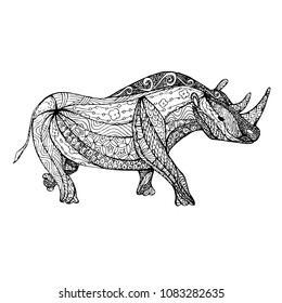 Zentangle style monochrome sketch rhinoceros, coloring page antistress stock vector illustration for print, for coloring page