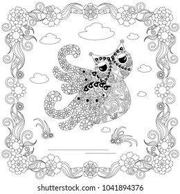 Zentangle style owl in flower frame monochrome sketch, coloring page antistress stock vector illustration for print, for coloring page