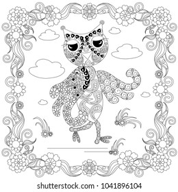 Zentangle style owl in flower frame monochrome sketch, coloring page antistress stock vector illustration for print, for coloring page