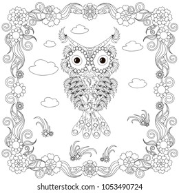 Zentangle style owl in flower frame monochrome sketch, coloring page antistress stock vector illustration for print, for coloring page