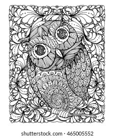 Zentangle style owl. Illustration with background and ornanets fill for adult coloring book page design, antistress ink drawing