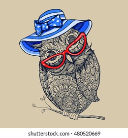 Zentangle style owl in summer blue stripped hat and red eyeglasses. Ilustration with ornaments fill for adult coloring book page design, antistress ink drawing or tshirt print design, fabric textile