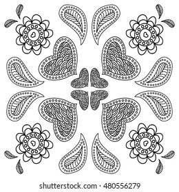 Zentangle style pattern for coloring book. Heart, flowers, mandala. Black and white. Scrapbook doodle design elements. Vector illustration.