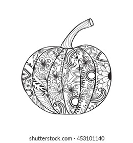 Zentangle style  Pumpkin for Thanksgiving day, Halloween. Hand drawn sketch for adult anti stress coloring page with doodle elements. 