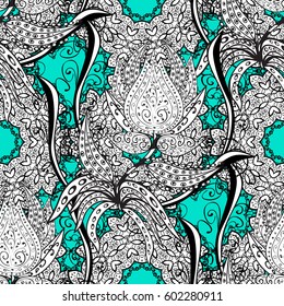 Zentangle style. Seamless pattern for adult coloring book. Blue background. Ethnic, floral, retro, doodle, vector, tribal design element. Floral doodle.