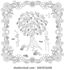 Zentangle style tree with loving bird, hearts in flower frame monochrome sketch, coloring page antistress stock vector illustration for print, for coloring page