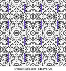 Zentangle style. Violet background. Seamless pattern for adult coloring book. Floral doodle. Ethnic, floral, retro, doodle, vector, tribal design element.